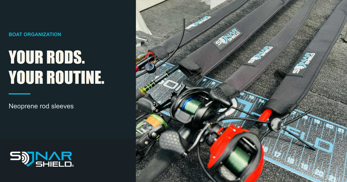 Sonar Shield neoprene sleeves fitted to fishing rods on a boat deck, shown in genuine product photography with labels and reels visible.