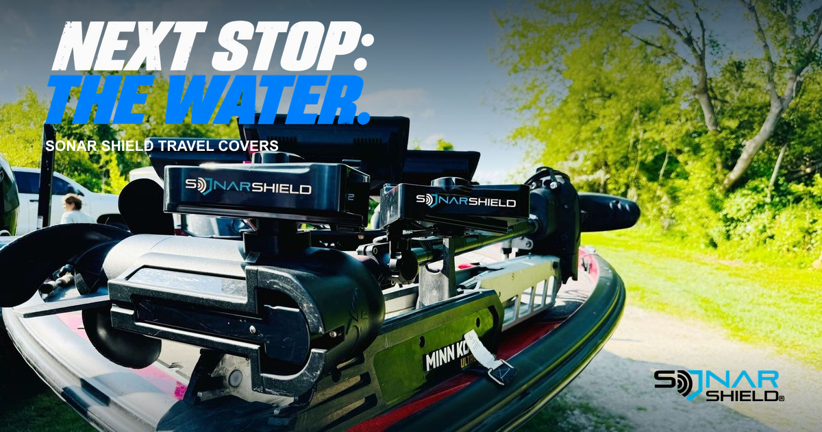 Real photograph of Sonar Shield transducer covers on a stowed trolling-motor rig on a trailered bass boat