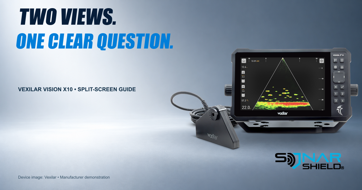 Authentic Vexilar Vision X10 display and transducer with a split-screen learning guide headline; manufacturer demonstration screen unchanged